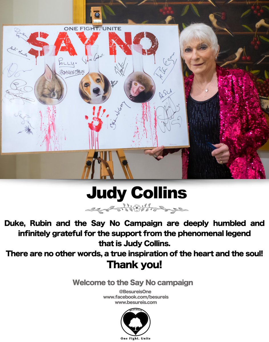 BESUREIS and One Fight Unite would like to say a huge thanks to the amazing Judy Collins for her support of the Say No campaign. 
In support of FLOE and Betsy, the rescued laboratory Beagle.  Take action: forlifeonearth.eaction.online
<a href="/PeterEgan6/">Peter Egan</a>
<a href="/rickygervais/">Ricky Gervais</a>
<a href="/BetsyAmbassador/">Betsy, Beagle Ambassador for FLOE</a>