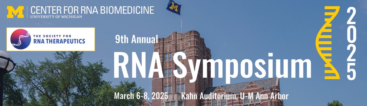 UMich RNA Center 〽️🧬 (@umichrna) on Twitter photo 📣9th Annual RNA Symposium, March 6-8, 2025 <a href="/UMich/">University of Michigan</a> Ann Arbor, in partnership with The Society for RNA Therapeutics. Save the Date! 📅 For more information, visit rna.umich.edu/events-navigat…
<a href="/RNA_Therapeutic/">Society for RNA Therapeutics</a> <a href="/RNASociety/">The RNA Society</a> <a href="/GeneticsSociety/">ASHG</a> <a href="/SfNtweets/">Society for Neuroscience (SfN)</a> <a href="/OTSociety/">Oligonucleotide Therapeutics Society</a> <a href="/umichmedicine/">Michigan Medicine</a>
#UMichRNA 📣9th Annual RNA Symposium, March 6-8, 2025 <a href="/UMich/">University of Michigan</a> Ann Arbor, in partnership with The Society for RNA Therapeutics. Save the Date! 📅 For more information, visit rna.umich.edu/events-navigat…
<a href="/RNA_Therapeutic/">Society for RNA Therapeutics</a> <a href="/RNASociety/">The RNA Society</a> <a href="/GeneticsSociety/">ASHG</a> <a href="/SfNtweets/">Society for Neuroscience (SfN)</a> <a href="/OTSociety/">Oligonucleotide Therapeutics Society</a> <a href="/umichmedicine/">Michigan Medicine</a>
#UMichRNA