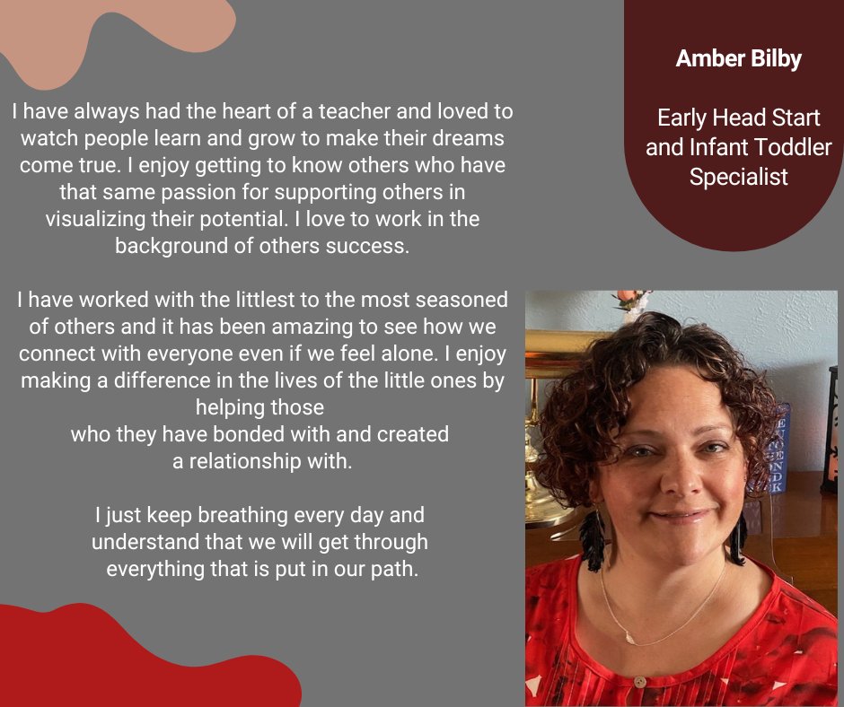 We are excited to recognize Amber this month as one of our Early Head Start Specialists and Expanding Quality in Infant and Toddler Care Specialists!  Amber has been with us for a few months now and has been such a great addition to our team!