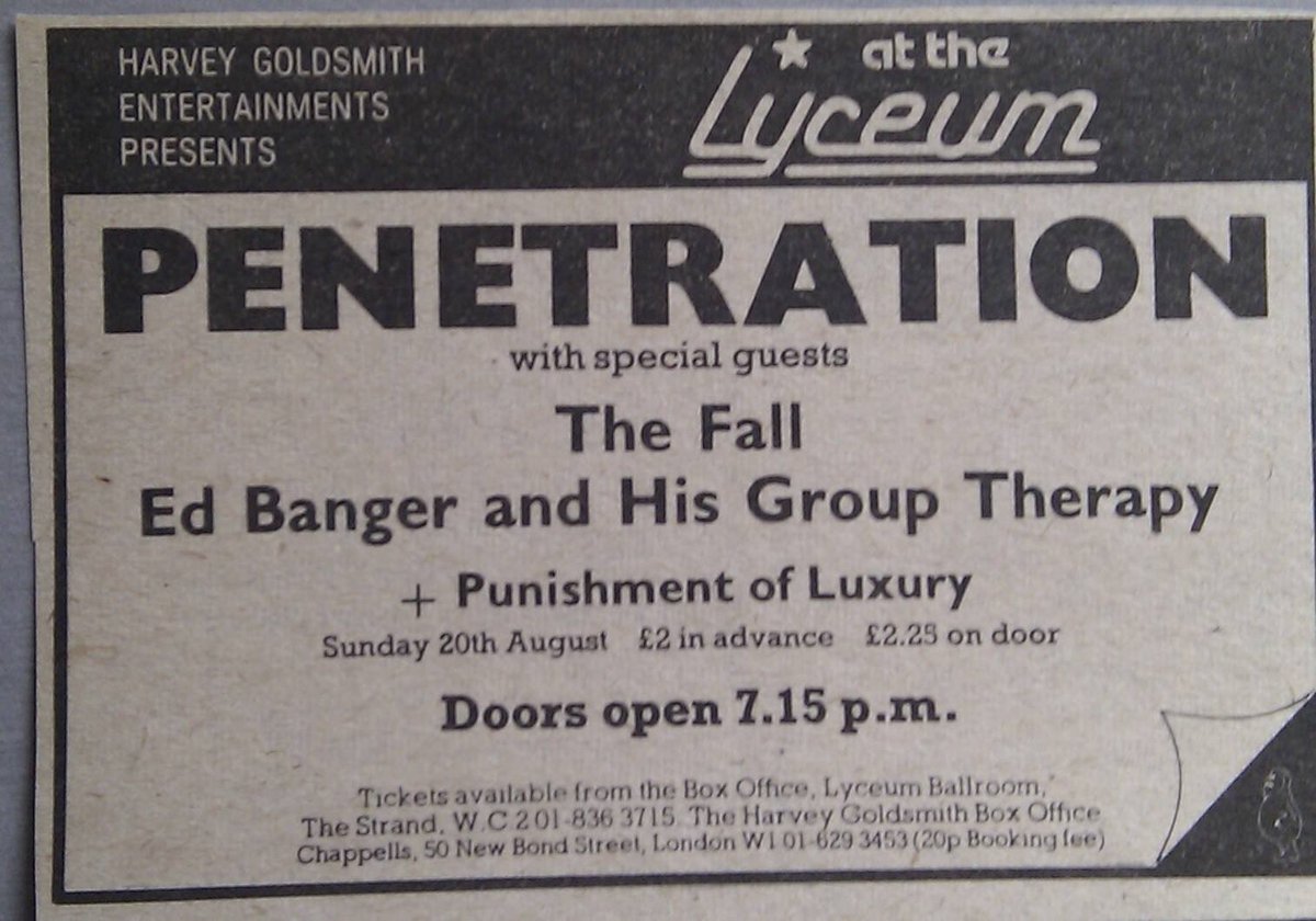 This was a great gig at the Lyceum on 20 August 1978 with The Fall as our special guests and Punishment of Luxury opening the night. aegpresents.co.uk/event/penetrat…