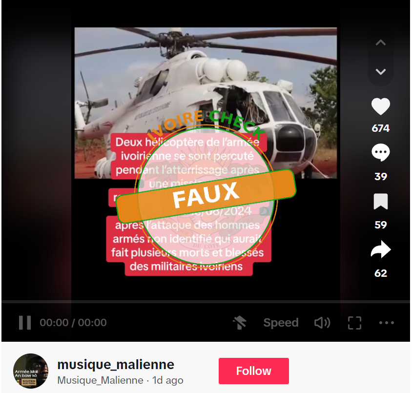 Ce post TikTok prétendant montrer une vidéo du crash de deux hélicoptères de l’armée ivoirienne en 2024 est FAUX.
ivoirecheck.com/faux-cette-ne-…