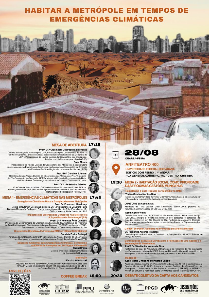 📣Participe do Fórum Local “Habitar a metrópole em tempos de emergências climáticas”, dia 28 de agosto, às 17h, na UFPR. Iniciativa do Núcleo Curitiba, o encontro busca fomentar discussões sobre emergências climáticas e habitação social. Inscrições abertas cutt.ly/dendoi0H
