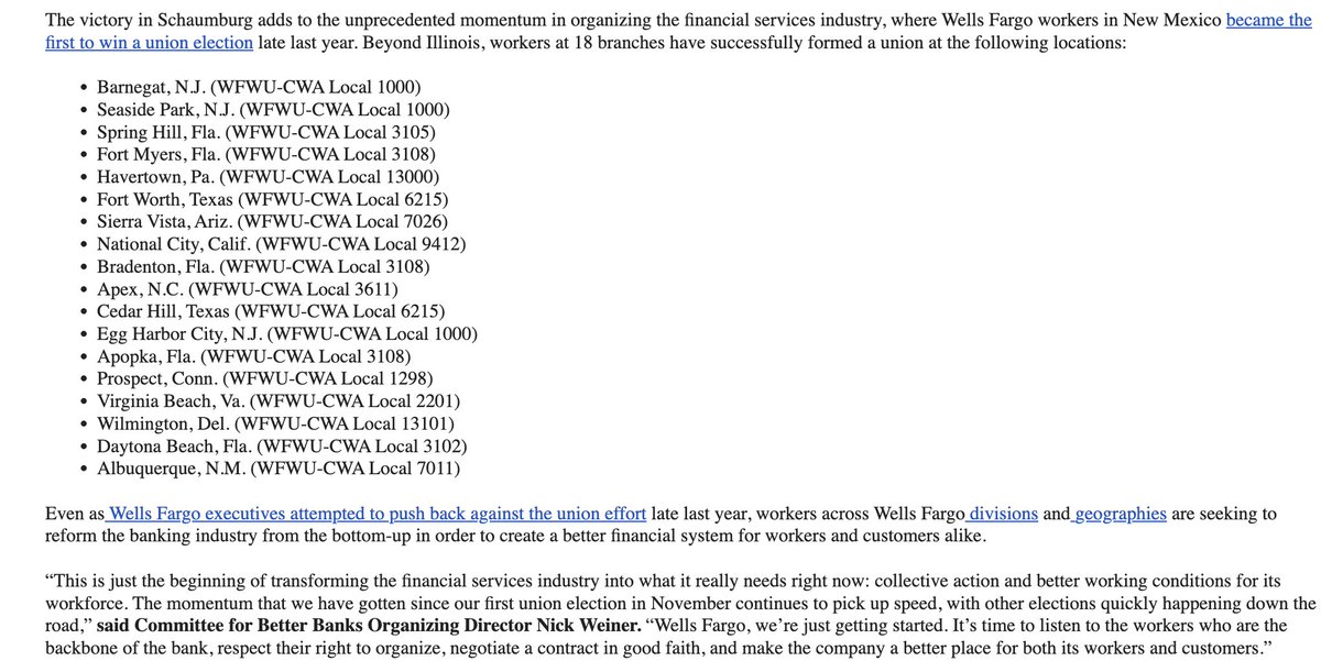The 19th Wells Fargo branch has voted to unionize since last year, with the latest win outside of Chicago this week