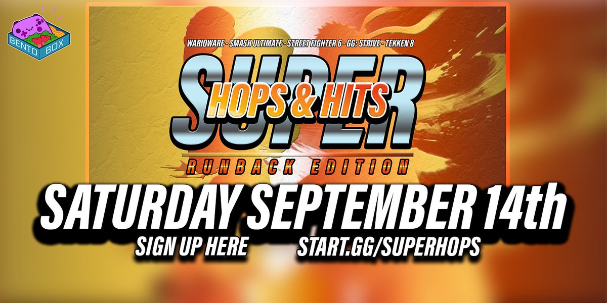 BentoBGaming's tweet image. Super Hops &amp;amp; Hits: Runback Edition is a few weeks away on Saturday, September 14th. 

Mark your calendars for this all-day event with tournaments for WarioWare 🧄, Ultimate 🍄, SF6 🥋, GG: Strive 🦇, and T8 🐻.

Sign up here! ✅ 
start.gg/SUPERHOPS