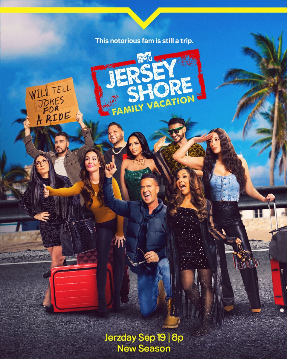 JerseyShore's tweet photo. Get in fam, it's time for a NEW SEASON! 🚕 #JSFamilyVacation is back Jerzday, September 19 on @mtv 🌴 https://t.co/fivn1RLjgD