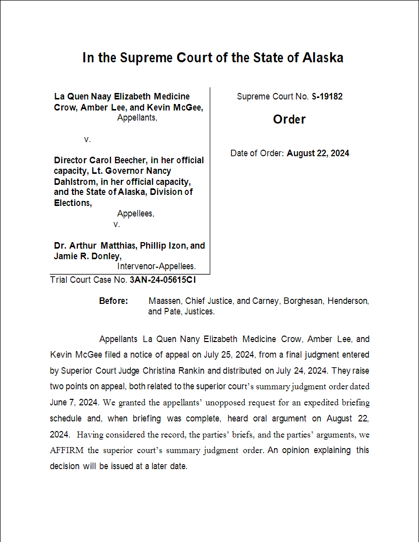 theDavidLeavitt's tweet photo. Alaska Supreme Court's decision to allow a vote on repealing Ranked Choice Voting is a big win for election integrity. Idaho must stay vigilant and reject RCV to protect our elections. Keep our votes clear and straightforward! #NoRCV #ElectionIntegrity https://t.co/P2wvrOJLuK