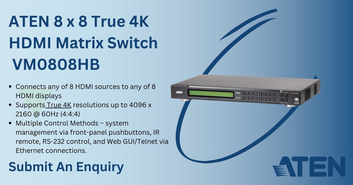 kathea's tweet image. 🎥 Upgrade Your Visuals with ATEN’s VM0808HB! 🚀

🔗 Connects 8 HDMI sources to 8 displays
🌟 Supports True 4K @ 60Hz (4:4:4)
🎮 Multiple Control Methods: pushbuttons, IR, RS-232, Web GUI/Telnet
🖥️ HDMI &amp;amp; HDCP 2.2 compatible

#ATEN #True4K #HDMIMatrixSwitch