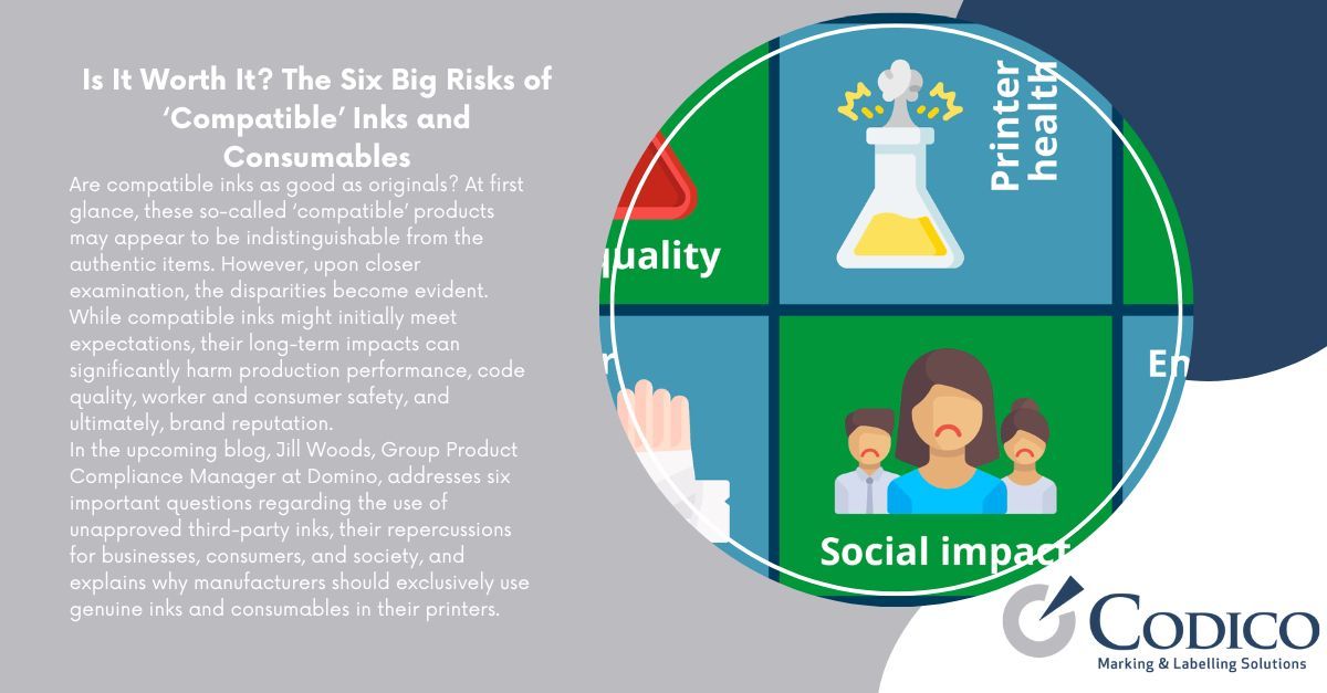 CodicoDist's tweet image. ⚠️ Be Aware of the Risks of Compatible Ink and Consumables! 💼

Our blog sheds light on the potential risks associated with using compatible ink and consumables. #BatchCoding #FMCG #CompatibleInk buff.ly/406FJMi