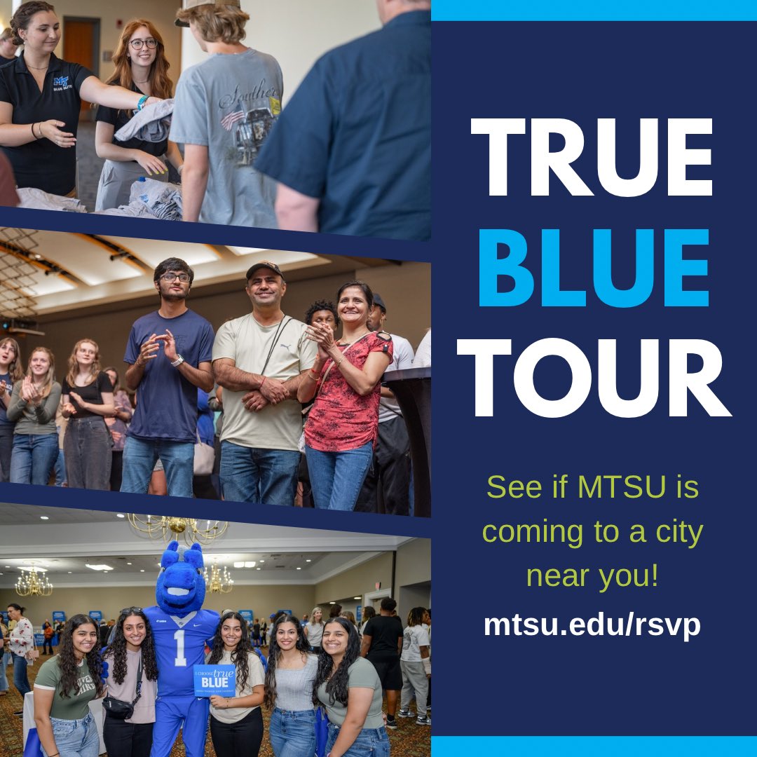 Our True Blue Tour is coming up soon! 💙See if we are coming to a city near you by visiting MTSU.edu/rsvp. #mtsu #trueblue #truebluetour