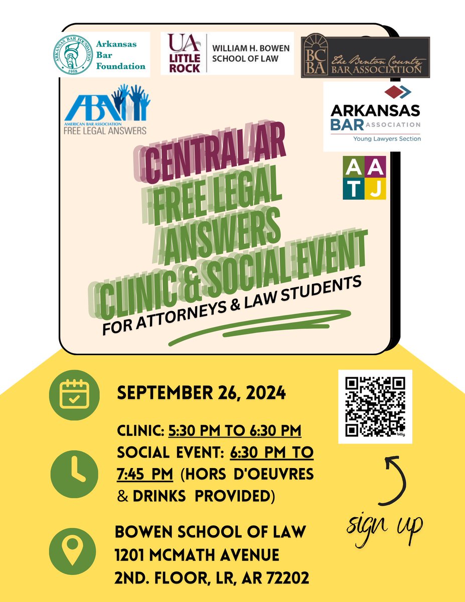 Attorneys &amp; law students: 
Volunteer for a FLA In-Person Clinic &amp; Social on 09/05/2024 in Rogers at the Supply Chain Hall of Fame from 5:00 to 7:00 pm: bit.ly/FLA-IN-PERSON-…

Or in Little Rock on 09/26/2024 from 5:30 to 7:45 pm at the Bowen School of Law bit.ly/LRFLACLINIC