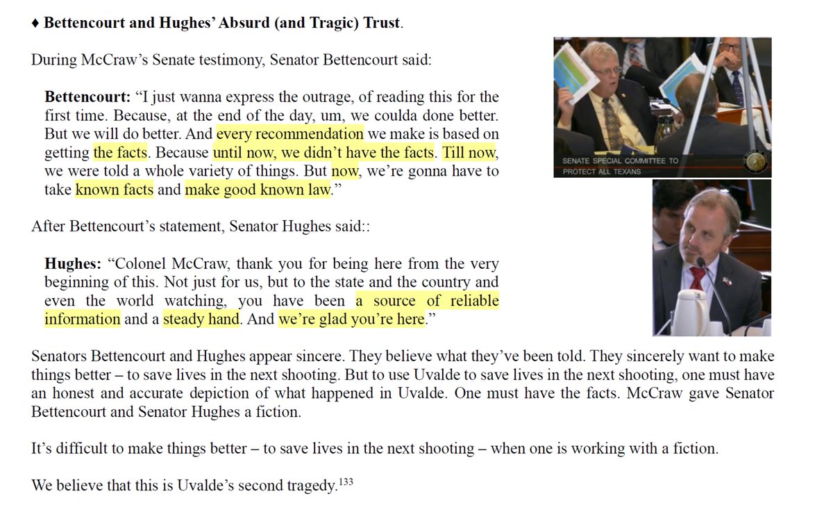 UvaldeShooting's tweet photo. Page 112 of the report. Senators @TeamBettencourt  and @SenBryanHughes buy into McCraw's fabricated narrative.

Who will pay the price? The people at the next shooting.

The full Badger-McLaughlin report can be downloaded at https://t.co/Hd1m8j7PXR. https://t.co/qxYHMnnMfX