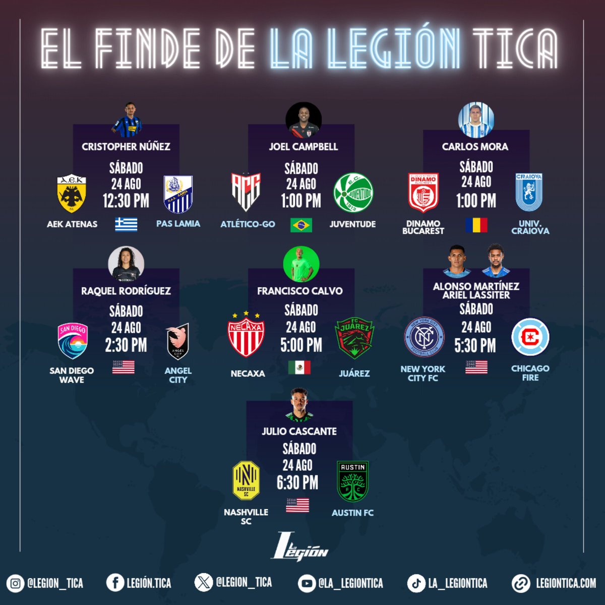 🚨¡ATENCIÓN!🚨

En la siguiente cartelera, conocé la actividad de la #LegiónTica alrededor del Mundo para este sábado 24 de agosto 🌍🇨🇷⚽.

😎 Síganos en todas nuestras plataformas: linktr.ee/legiontica