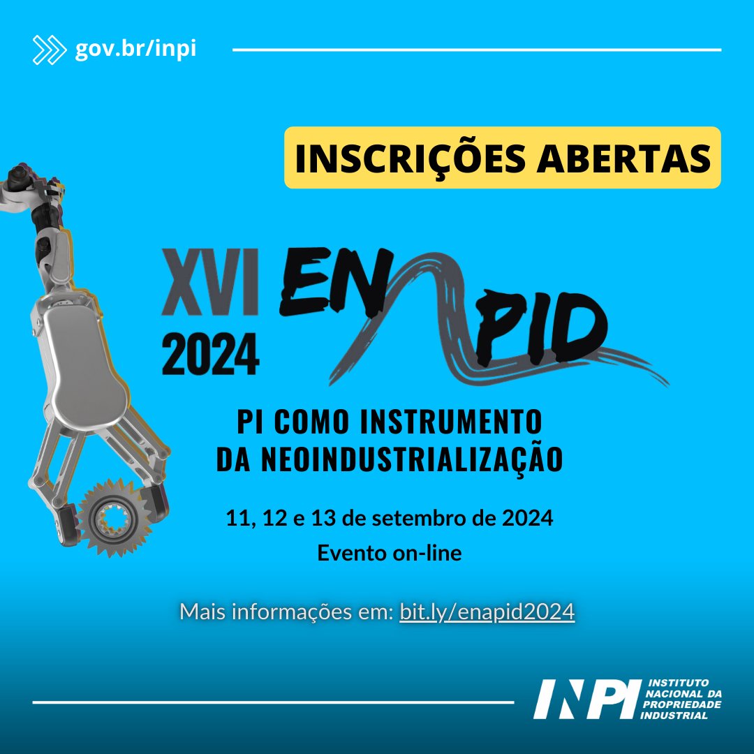 🚀 Participe do XVI Encontro Acadêmico de Propriedade Intelectual, Inovação e Desenvolvimento (ENAPID) 2024! Inscrições abertas para discutir "PI como Instrumento da Neoindustrialização". Marque os amigos apaixonados por inovação! 🌟

#ENAPID2024 #Inovação #PropriedadeIntelectual