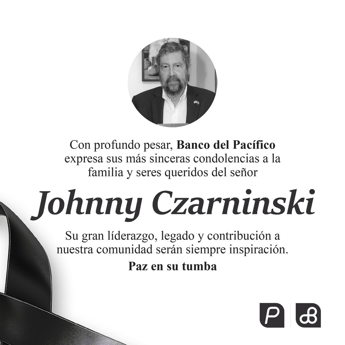 Lamentamos profundamente la partida del señor Johnny Czarninski, un  destacado empresario y líder que dejó una huella importante en el  desarrollo del país. Nuestro más sentido pésame a sus familiares y  colaboradores, image size:1200x1200
