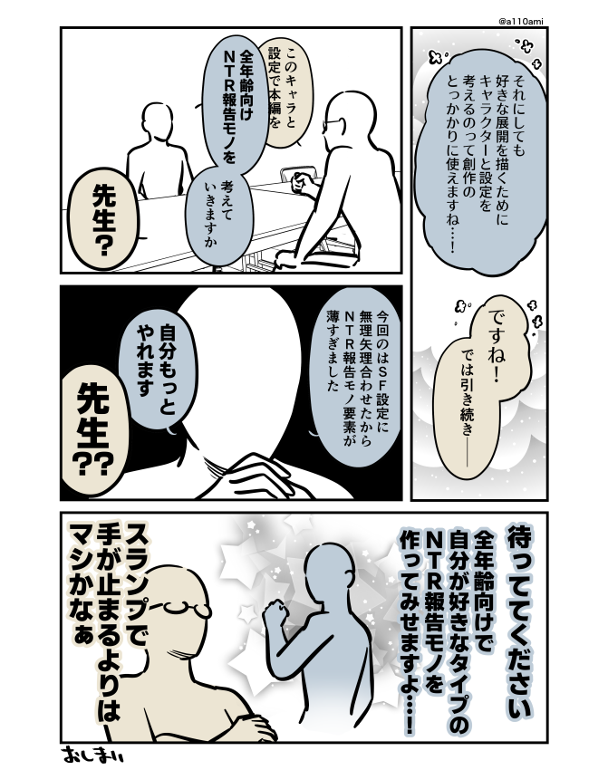 新連載を考える漫画家と編集のオリジナル漫画(のネーム )
好きな展開発表先生編(3/3) 