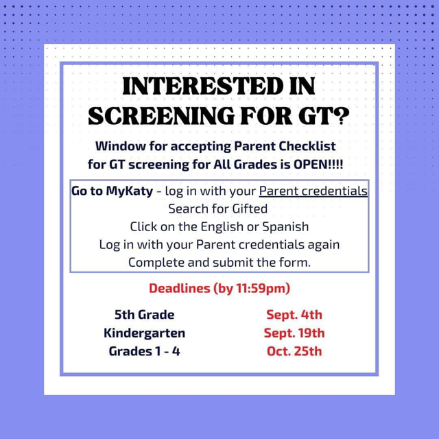Did you know....
If your child screened for GT last year or the year before AND had a positive test score(s), that score(s) is good for 2 years and your child will not need to retake that particular test?