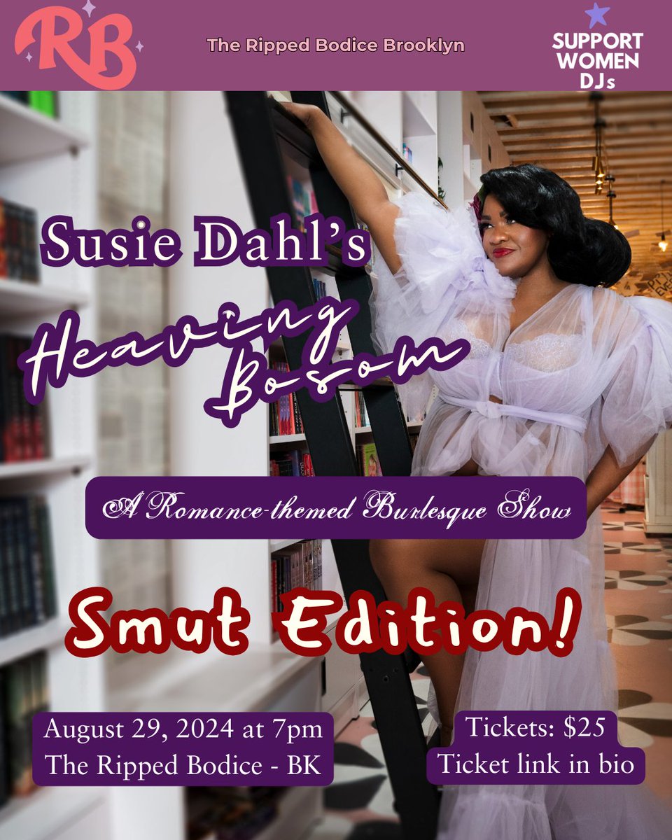 Join us on Thursday, 8/29 at 7pm for Susie Dahl's Heaving Bosom: Smut Edition with <a href="/BrwnPaperDolli/">Susie Dahl</a>! 

Charlotte Ostrov from <a href="/SupportWomenDJs/">Support Women DJs</a> will provide the tunes. 🎵

Doors at 6:30 / Burlesque Show at 7pm. Shop with a 10% discount.⁠
⁠
Tickets: therippedbodicela.com/brooklyn-events