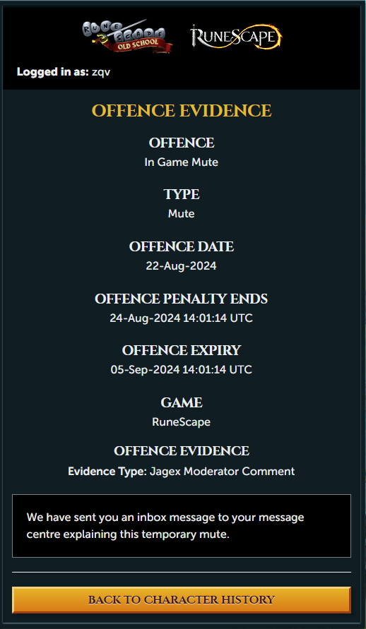 TheOverlanding's tweet photo. @JagexSupport @JagexTyran @JagexTwisted I'm just curious why it is possible to mute a player and then provide zero evidence or reasoning behind said mute. No idea what I typed that got me muted, and I won't be able to avoid said mute in the future due to no evidence. RSN: "zqv" https://t.co/Gyzqnd5uyW