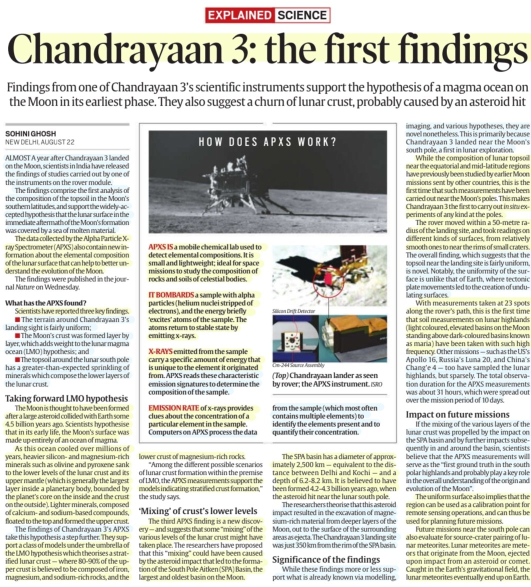 upscnetwork4's tweet photo. 'Chandrayaan 3: The first findings'

:Details by Ms Sohini Ghosh
@thanda_ghosh 

#APXS -Chandrayaan3's Scientific instruments findings,support hypothesis of a magma ocean  on #moon ,churn of #Lunar crust,#Asteroid hit-impact &amp;
More info..

#ISRO #Chandrayaan
#LunarMission

#UPSC https://t.co/X0e8g5A1bf