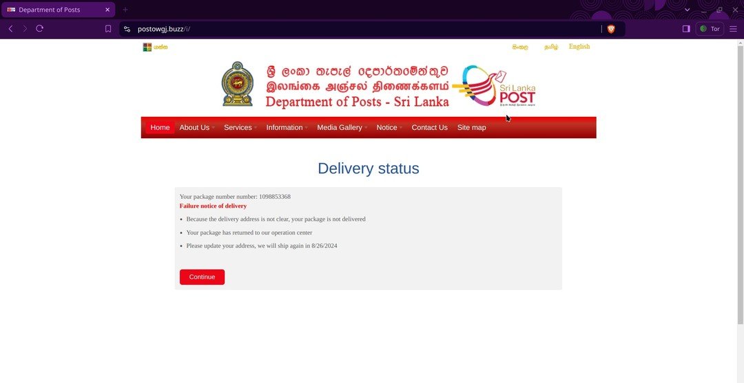 Received a phishing message with a link to a clone of the Postal Department's website. Everything looks identical to the original, except the domain. Always think twice before clicking links &amp; make sure to carefully verify the domain.

#SriLanka #ScamWatchLK #CyberAttack