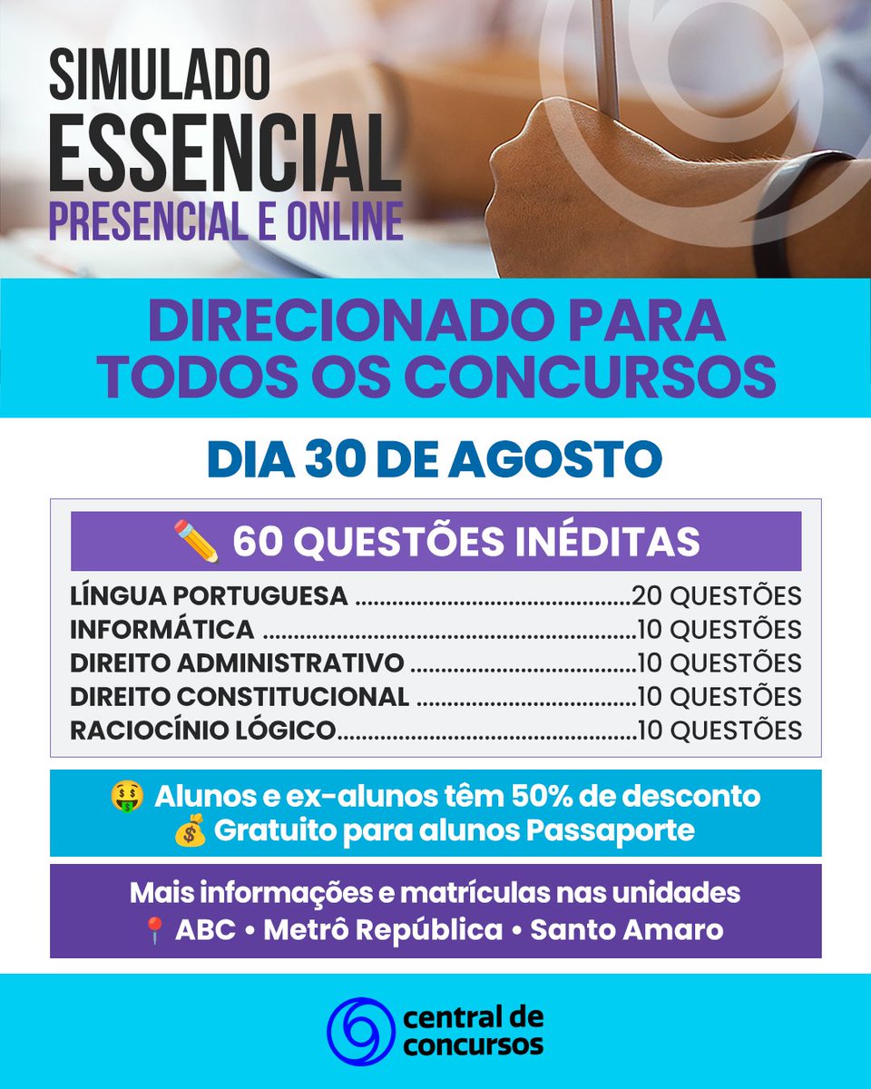 passanacentral's tweet photo. Participe do nosso simulado direcionado para TODOS os concursos e teste seus conhecimentos.

📞 (11) 3017-8800 (Telefone e WhatsApp)

#centraldeconcursos #concursos #concurseiro #concursopublico #euvoupassar #concursospublicos #sp https://t.co/DqTCckhv13