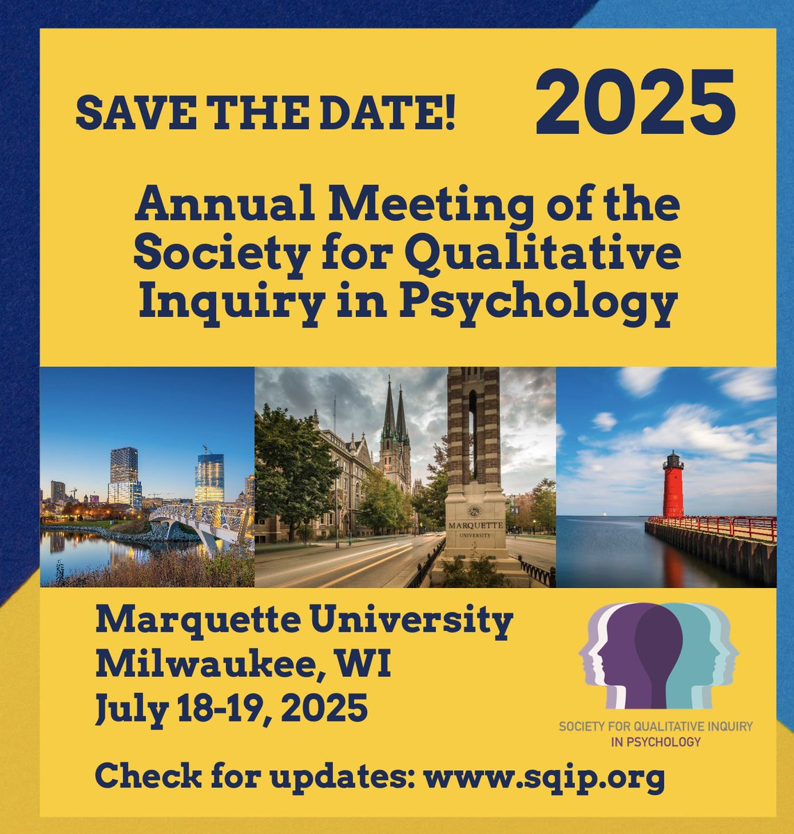 GabrielMVelez's tweet image. Excited to announce that @MarquetteU will be hosting SQIP 2025 Meetings. Looking forward to seeing folks in Milwaukee (summertime here is pretty amazing) July 18th + 19th @QualPsy @philhammack @SeamusAPower @APA