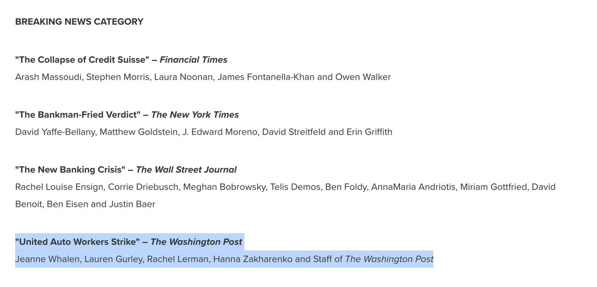 Lauren Kaori Gurley (@laurenkgurley) on Twitter photo Honored to be a 2024 Loeb finalist for our UAW strike coverage alongside the great <a href="/JeanneWhalen/">Jeanne Whalen</a> & my brilliant colleagues <a href="/rachelerman/">Rachel Lerman</a>, <a href="/hannazakharenko/">Hanna Zakharenko</a>
A highlight of my time as a reporter to document the strike + UAW's return as a major force in American politics Honored to be a 2024 Loeb finalist for our UAW strike coverage alongside the great <a href="/JeanneWhalen/">Jeanne Whalen</a> & my brilliant colleagues <a href="/rachelerman/">Rachel Lerman</a>, <a href="/hannazakharenko/">Hanna Zakharenko</a>
A highlight of my time as a reporter to document the strike + UAW's return as a major force in American politics