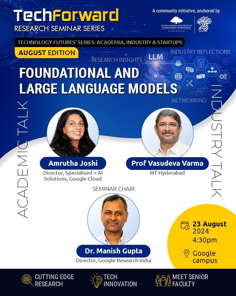 P J Narayanan (@pjnarayanan) on Twitter photo TechForward, session 3 was at <a href="/Google/">Google</a> Hyderabad. Good session with <a href="/ManishGuptaMG1/">Manish Gupta</a>, Amrutha Joshi, of Google and <a href="/devvarma/">Vasudeva Varma</a> of <a href="/iiit_hyderabad/">IIIT Hyderabad</a>! Good connect for academics with the industry folks. LLMs are solely in the realm of big industry today, with academia watching in awe! TechForward, session 3 was at <a href="/Google/">Google</a> Hyderabad. Good session with <a href="/ManishGuptaMG1/">Manish Gupta</a>, Amrutha Joshi, of Google and <a href="/devvarma/">Vasudeva Varma</a> of <a href="/iiit_hyderabad/">IIIT Hyderabad</a>! Good connect for academics with the industry folks. LLMs are solely in the realm of big industry today, with academia watching in awe!
