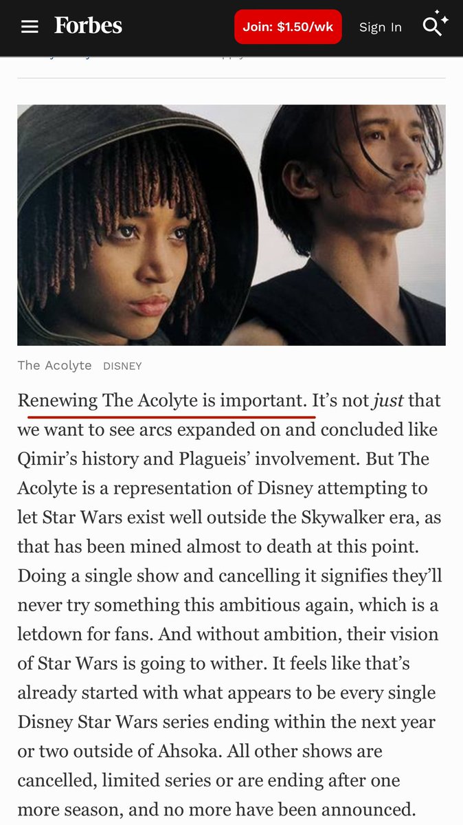 actual_Alyssa's tweet photo. If even FORBES is calling u out @Disney @Lucasfilm on the poor choice of cancelling The Acolyte, then idk what to tell u. Cut the budget in half if you must, a good showrunner can work around it. But let the story continue. @Forbes get her, Jade

#SaveTheAcolyte #RenewTheAcolyte https://t.co/E5X6iOBZyW
