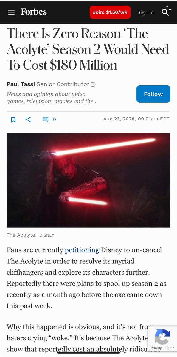 actual_Alyssa's tweet photo. If even FORBES is calling u out @Disney @Lucasfilm on the poor choice of cancelling The Acolyte, then idk what to tell u. Cut the budget in half if you must, a good showrunner can work around it. But let the story continue. @Forbes get her, Jade

#SaveTheAcolyte #RenewTheAcolyte https://t.co/E5X6iOBZyW