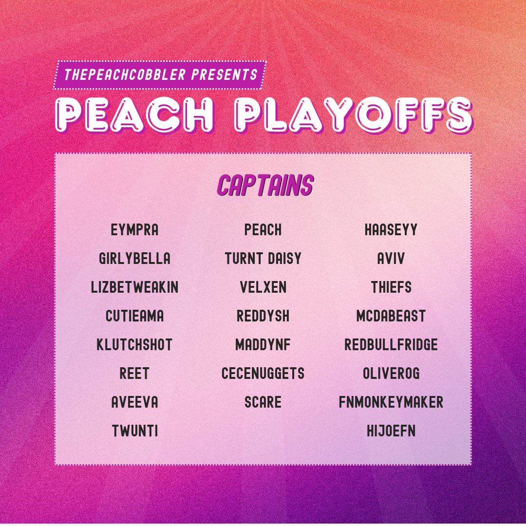 Peach (@thypeachcobbler) on Twitter photo 🏆 Here are our Captains 🏆
Excited to see everyone compete and see how this new Zero Build meta plays out! <a href="/FortniteGame/">FortniteGame</a> #EpicPartner #FortniteAbsoluteDoom 😈
Everyone playing will be streaming! 📸 🏆 Here are our Captains 🏆
Excited to see everyone compete and see how this new Zero Build meta plays out! <a href="/FortniteGame/">FortniteGame</a> #EpicPartner #FortniteAbsoluteDoom 😈
Everyone playing will be streaming! 📸