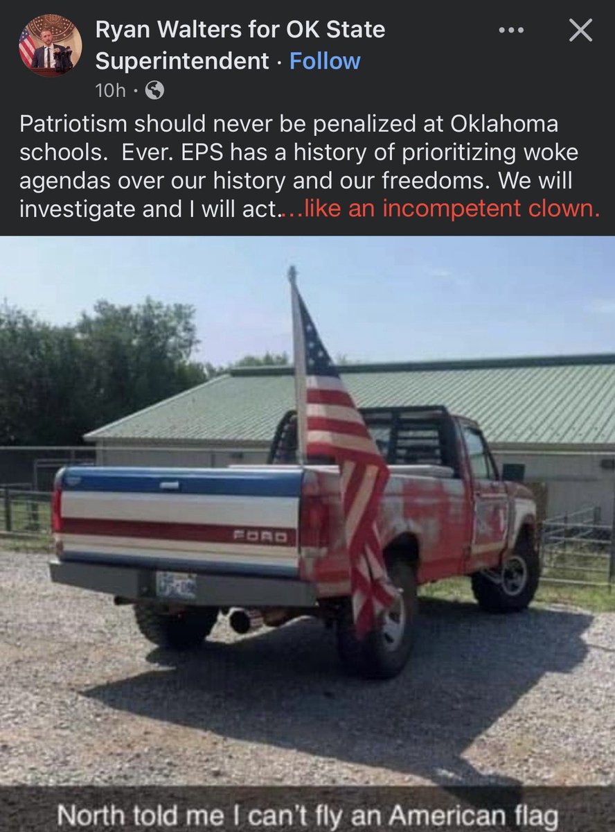 jacobrosecrants's tweet photo. You’re prolly wondering what the state superintendent is doing to fix the issues at his State Dept. of Education (Special needs IEP system down, persistent district funding issues, etc. etc). Worry not, Oklahomans…he’s focused on the *real* issues in our schools. 🙄🙄🙄 #Clown https://t.co/Uyh25yMzCS