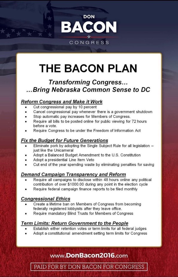 Eight years ago, then republican candidate <a href="/DonJBacon/">Don Bacon 🇺🇸 🥓 ✈️ 🏍️ ⭐️ 🎖️</a> presented "The Bacon Plan," a strategy to transform Congress and bring Nebraska common sense to DC.
As we review the list of <a href="/RepDonBacon/">Rep. Don Bacon 🇺🇸✈️🏍️⭐️🎖️</a>'s commitment to transform Congress it becomes unfortunately obvious that in 8 years