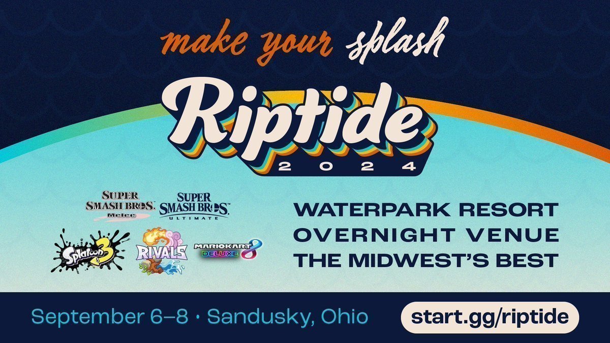 🌊Riptide is in 2 weeks! Are you ready? Don't forget to:

🌊Register
🏨Book your hotel room
✈️🚌Book your travel
👥Find your teammate for doubles
🦑Find your team for Splatoon

Competitor reg closes next Friday, August 30th!