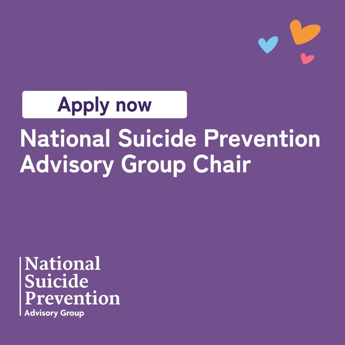 Suicide Prevention Scotland (@suicideprevscot) on Twitter photo 🆕 <a href="/scotgovhealth/">Scot Gov Health</a> and <a href="/COSLA/">COSLA</a> are seeking a new independent Chair for the National Suicide Prevention Advisory Group.
This vital role is for someone who can be a visible, creative, inclusive and active leader for suicide prevention work in Scotland.
➡️ pa-scottishgovernment.icims.com/jobs/9705/inde… 🆕 <a href="/scotgovhealth/">Scot Gov Health</a> and <a href="/COSLA/">COSLA</a> are seeking a new independent Chair for the National Suicide Prevention Advisory Group.
This vital role is for someone who can be a visible, creative, inclusive and active leader for suicide prevention work in Scotland.
➡️ pa-scottishgovernment.icims.com/jobs/9705/inde…