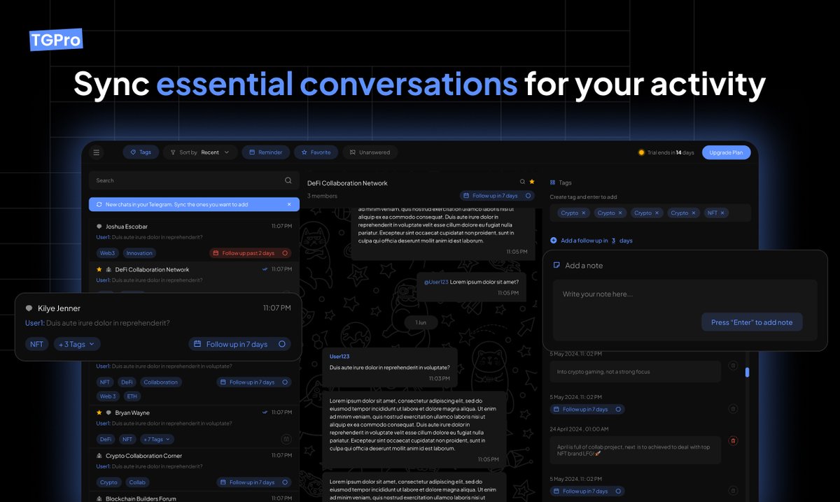 TGpro.xyz transforms your Telegram into a powerhouse of productivity with smart sync, notes, and reminders.

#WorkSmarter #Web3 #CRM #Telegram