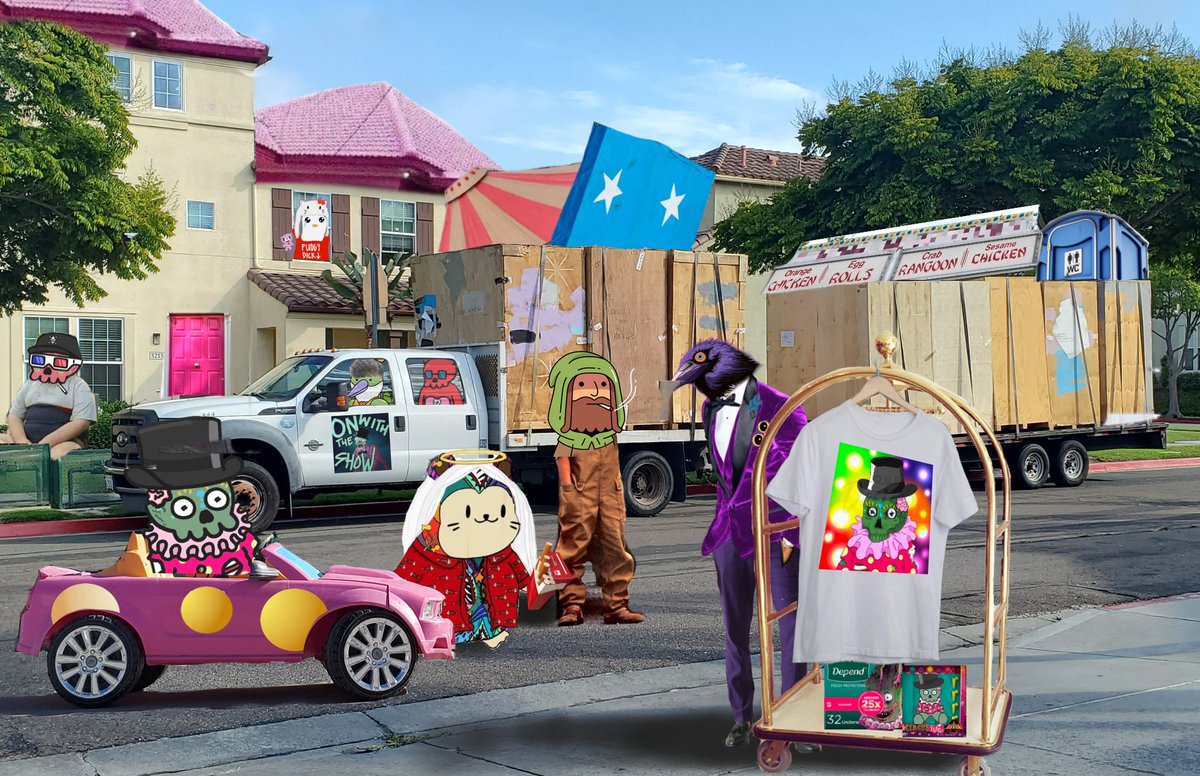 Gvavi's tweet photo. Unloading for Freaky Friday  Space with 🥑 @missd7n 🔴live from her front yard 🚜#web3 🎪 Circus #SideShow 🎩 @ShowmanMorie 💀 #Tronmemecoins @FlockerzNFT @RadNFTV plus size overstock attire*