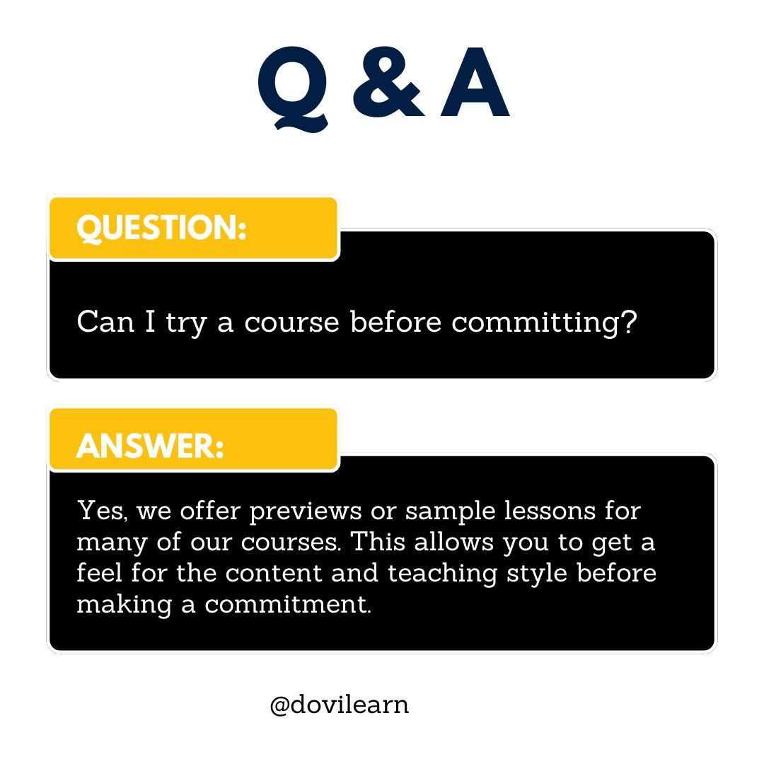 DoviLearn's tweet photo. Curious about a course before you commit? 🎓✨ Check out our free previews lessons to see if it’s the right fit for you! Dive in and explore without any pressure. #trybeforeyoubuy #dovilearn #onlinelearning #coursepreview #learnwithconfidence #education #studentlife #elearning https://t.co/TaPzwhsUKc