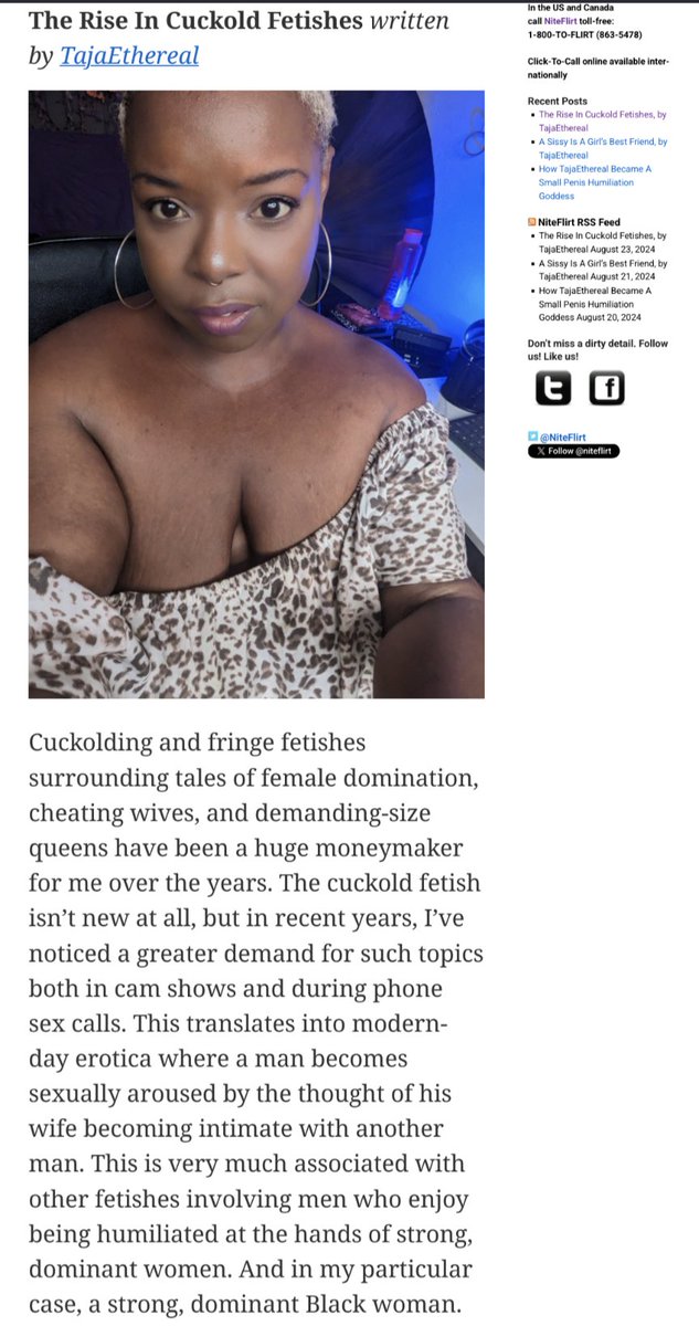 Link In Bio (@tajaethereal) on Twitter photo The Rise In Cuckold Fetishes written by me <a href="/TajaEthereal/">TajaEthereal</a> for <a href="/NiteFlirt/">@NiteFlirt</a>
Full article below 👇🏿
phonesexblog.niteflirt.com/author/ashley/ The Rise In Cuckold Fetishes written by me <a href="/TajaEthereal/">TajaEthereal</a> for <a href="/NiteFlirt/">@NiteFlirt</a>
Full article below 👇🏿
phonesexblog.niteflirt.com/author/ashley/