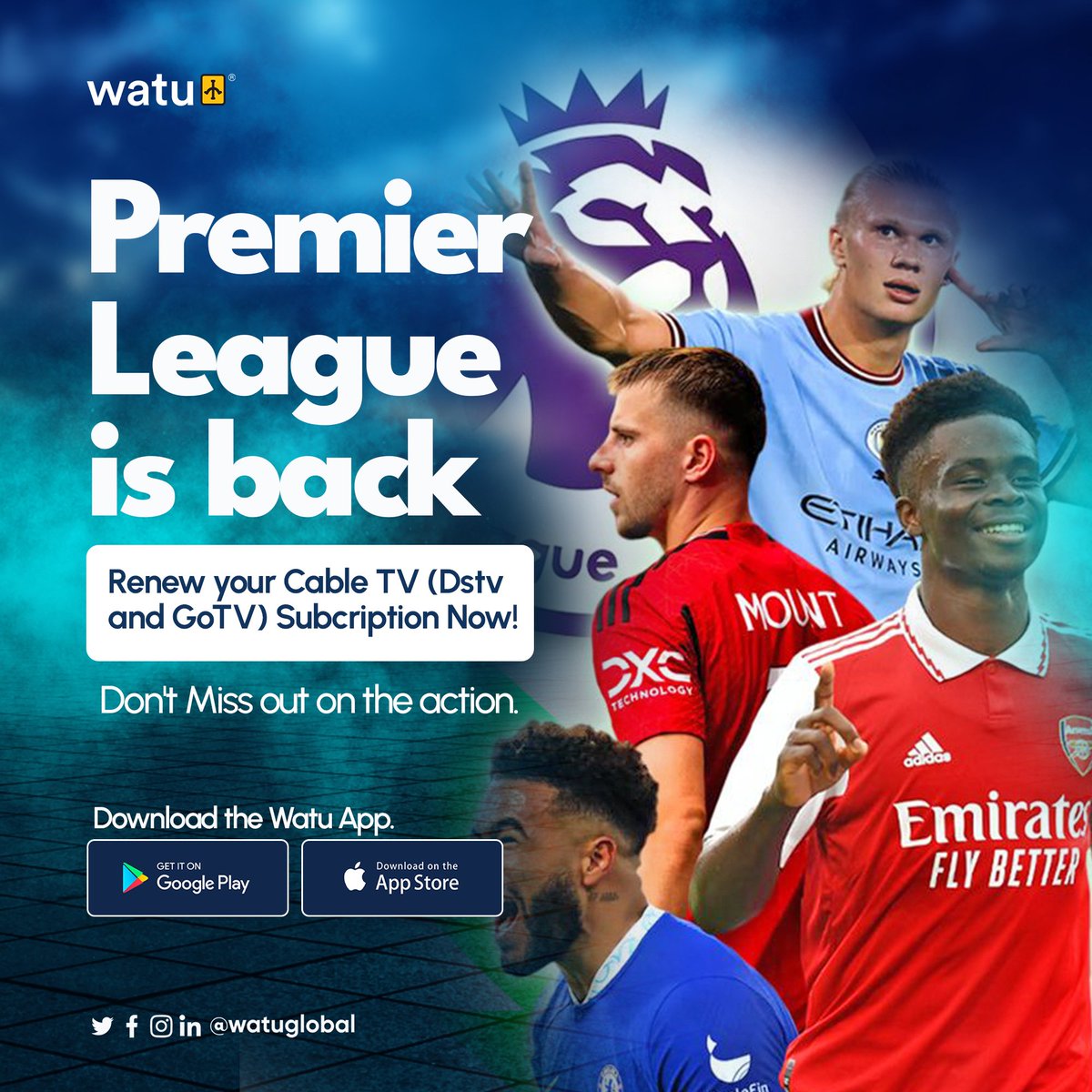 watubank's tweet photo. You do not want to miss the Action.
Catch up on all the live action and excitement this new season, when you pay your bills with Watu.
.
.

Click ‘All Bills’ on your Watu app to get started
#PremierLeague2024 #Watu #Fintech https://t.co/QoG38PTuMa