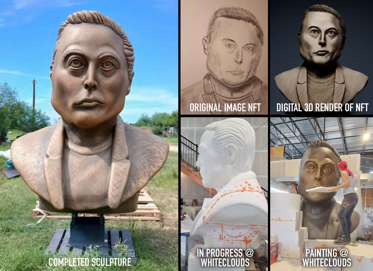 Some pictures and projects are self explanatory. Others, like this one, require a bit of an explanation 😉
A giant faux bronze 9 foot tall statue of Elon Musk, intentionally designed to resemble a poorly drawn meme of him, was commissioned by <a href="/ElonRWA/">ElonRWA</a> and created by WhiteClouds.