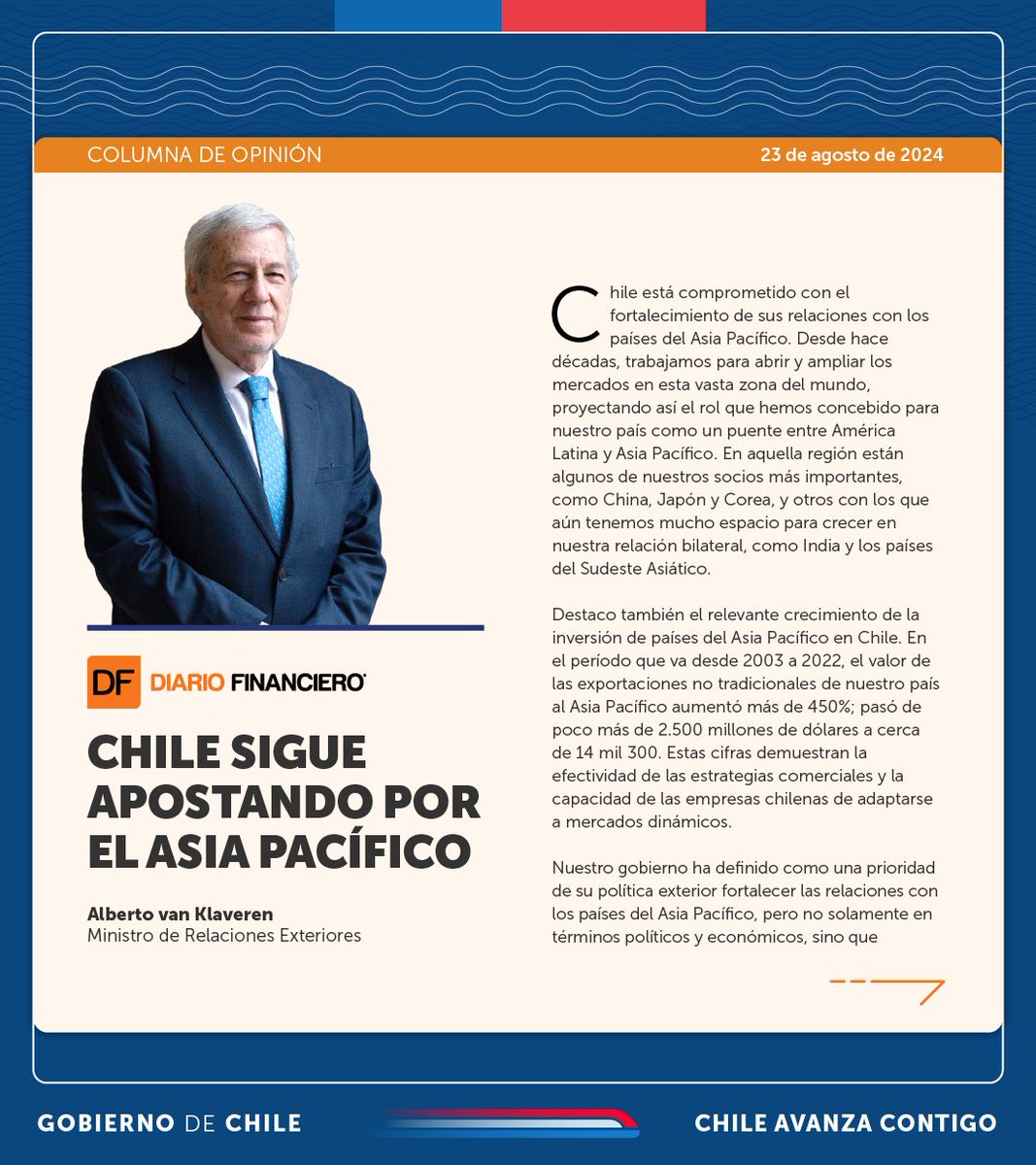 Minrel_Chile's tweet photo. 📰| Previo a su visita a Vietnam e India, el canciller @AlbertoKlaveren destaca el compromiso de Chile para fortalecer sus relaciones con los países del Asia Pacífico. 

Lee la columna publicada en @DFinanciero aquí: https://t.co/cfda4ZB0dG