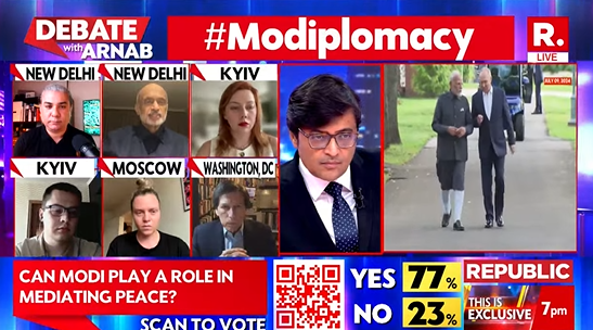 republic's tweet image. #Modiplomacy | PM Modi is basically saying there is a door open...if you want to walk through that door. I'm available through that door but he recognises well that it's not going to happen now because Kyiv is still under the fantasy that it can get back the lands occupied by