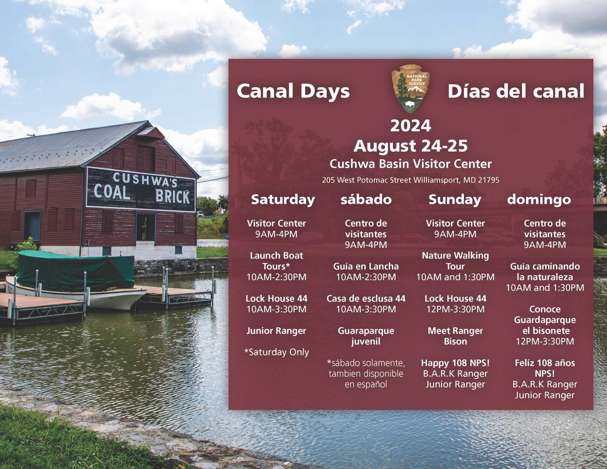 Get ready for Canal Days at the C&amp;O Canal National Historical Park in Williamsport, MD, on August 24-25, 2024! Enjoy boat rides, a nature walk, and a chance to meet Ranger Bison. Don’t miss out on this fun-filled weekend!
