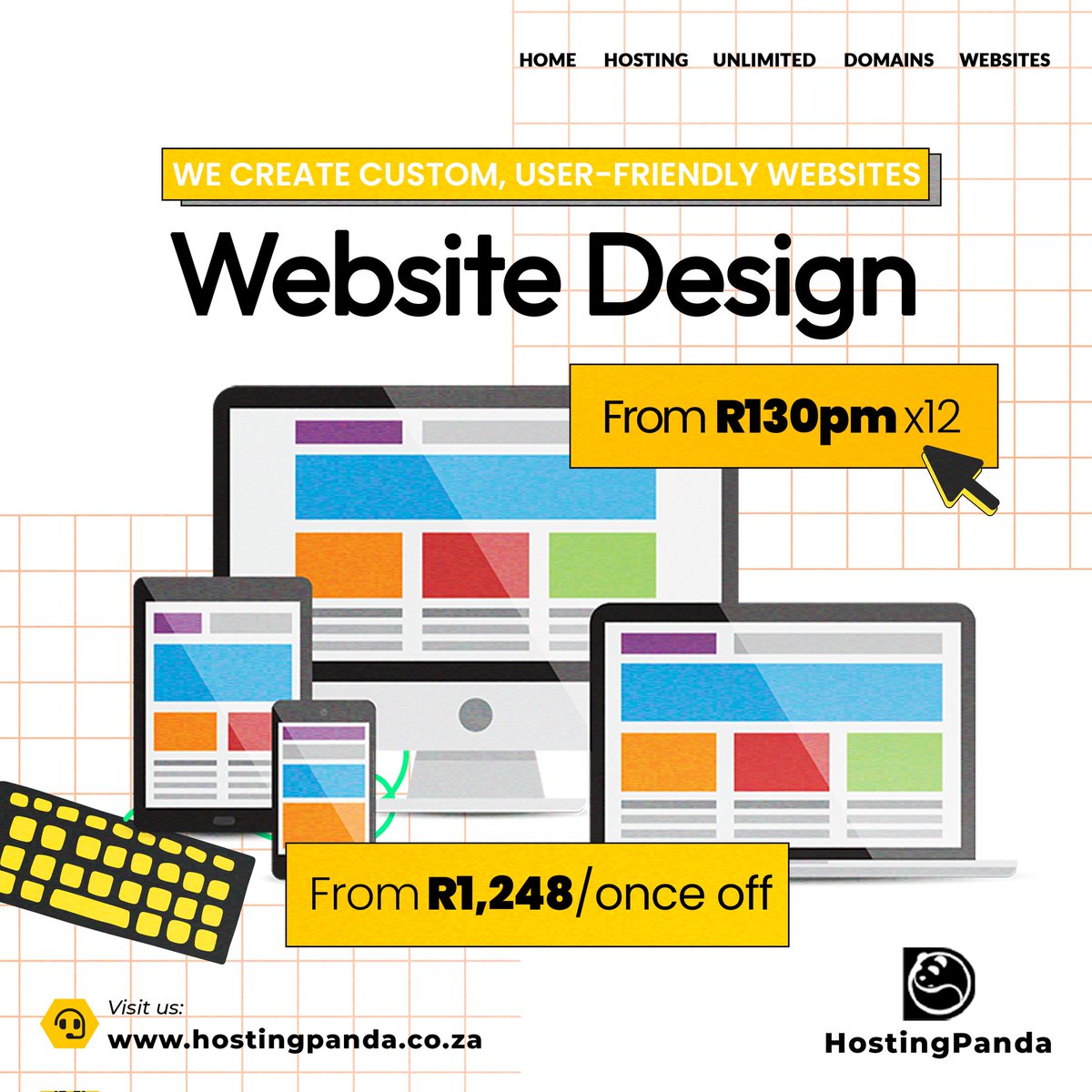HostingpandaOnX's tweet photo. We've noticed you don't have a website, and we'd love to help! We're offering a complete website solution starting at R130 p/m https://t.co/7ThCt2VXhP