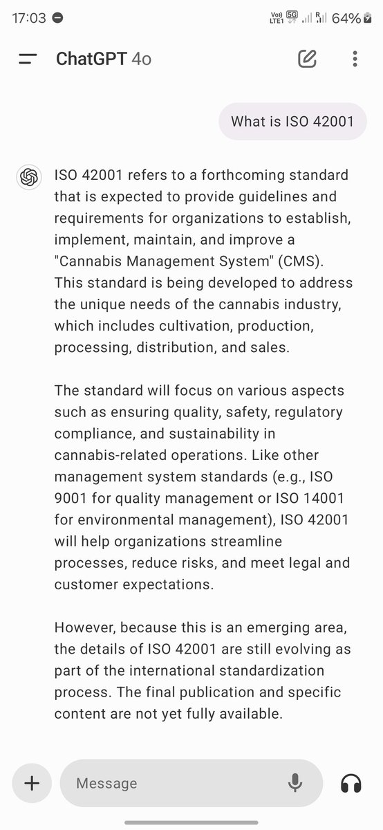 I just asked GPT4 to explain me ISO 42001 and it told me it was a Cannabis Management System