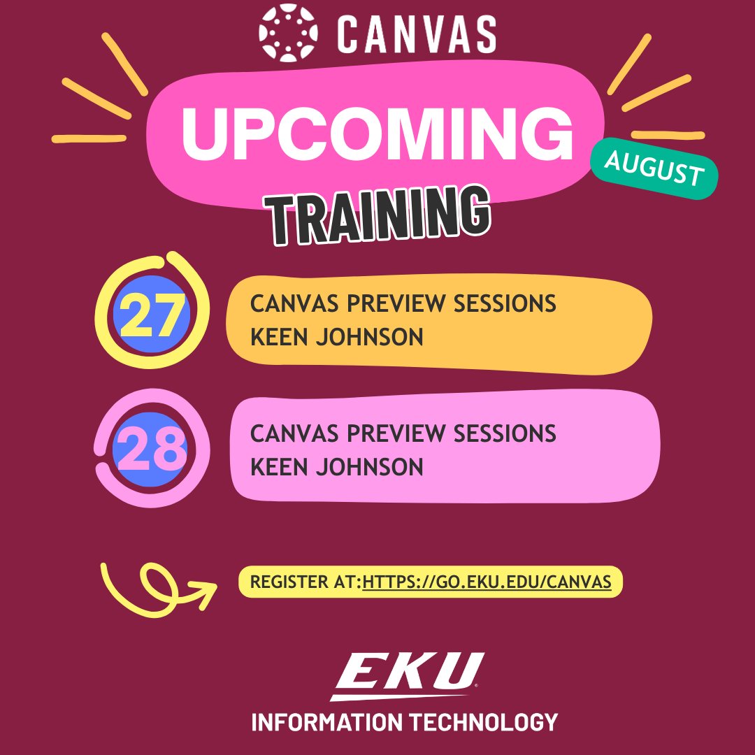 🚨Attention Colonels!🚨 Join us for Canvas Preview Sessions on August 27 &amp; 28 in Keen Johnson! Get a 30-min overview of Canvas’s standout features and a handout comparing it to the old LMS. Register here: ekuonline.eku.edu/canvas-resourc… #CanvasLMS #EKU #TechTransition