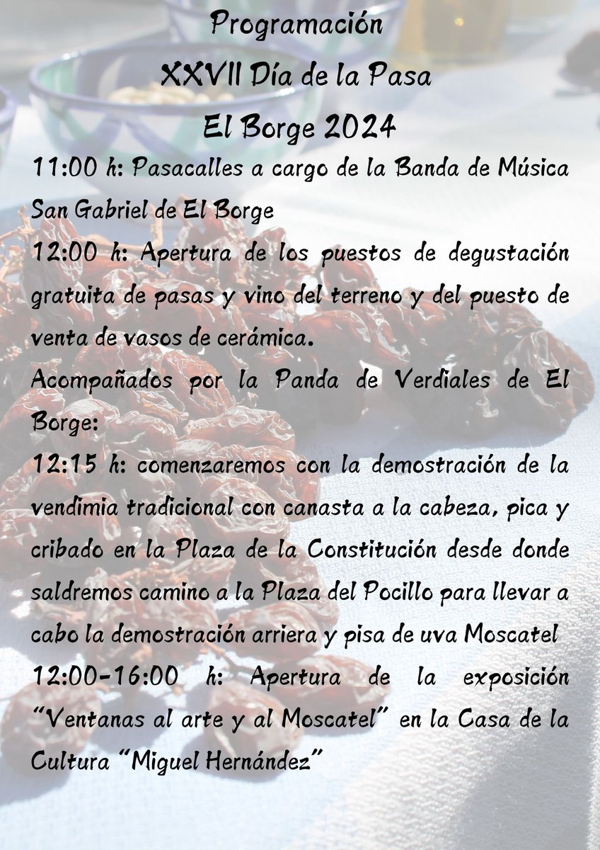 Programación de la XXVII edición del Día de la Pasa en El Borge, que será el 15 de septiembre.

Ayto El Borge
#AxarquiaPlus #AxarquiaPlus #ElBorge #diadelapasa #programacion