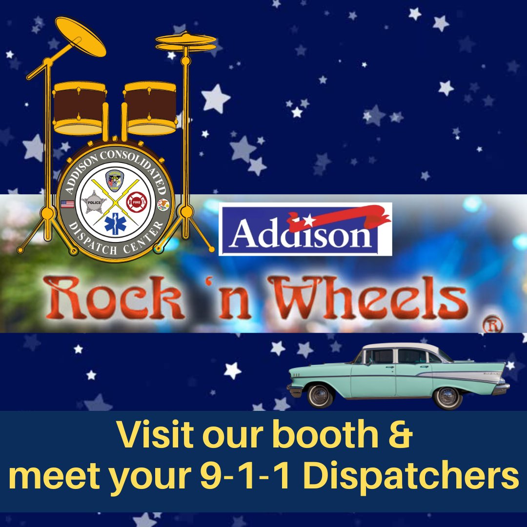 ACDCdispatch's tweet image. Food 🍕 music 🎹 cars 🚗 &amp;amp; fun 😎

When visiting Rock &apos;N Wheels next Thursday, 8/29, be sure to stop by and meet some of your 9-1-1 dispatchers!
#addisonadvantage #ithappensinaddison #ACDCcares