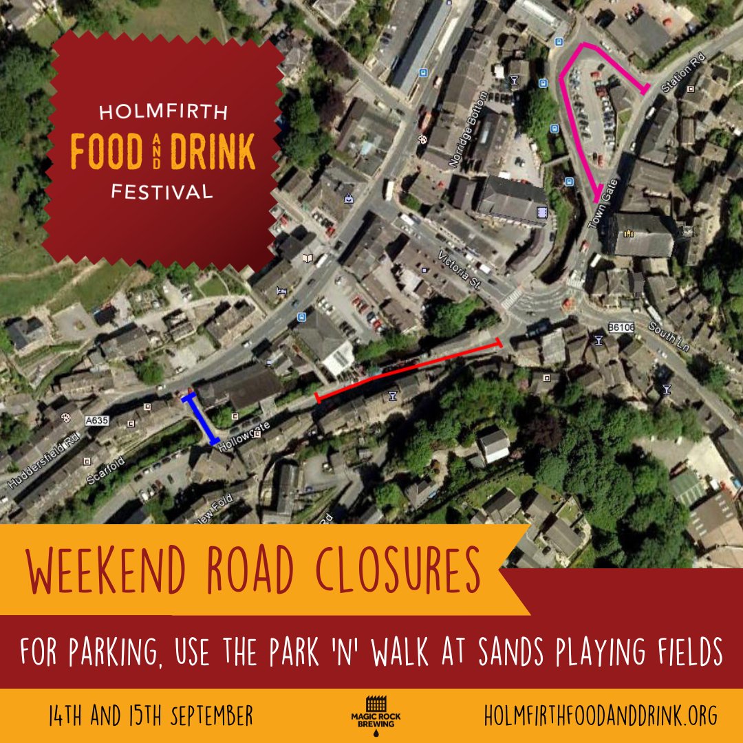 We would kindly like to remind you of the following closures, restrictions and changes in place over the festival weekend...

Find out more about parking via the link in our bio.

#HolmfirthFood #Holmfirth #HolmfirthEvent #Festival #FoodFestival #BeerFestival